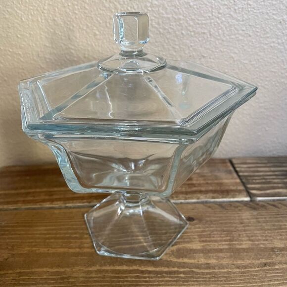 Vintage Pressed Glass Hexagon Shaped Candy Dish with Lid - Picture 1 of 15